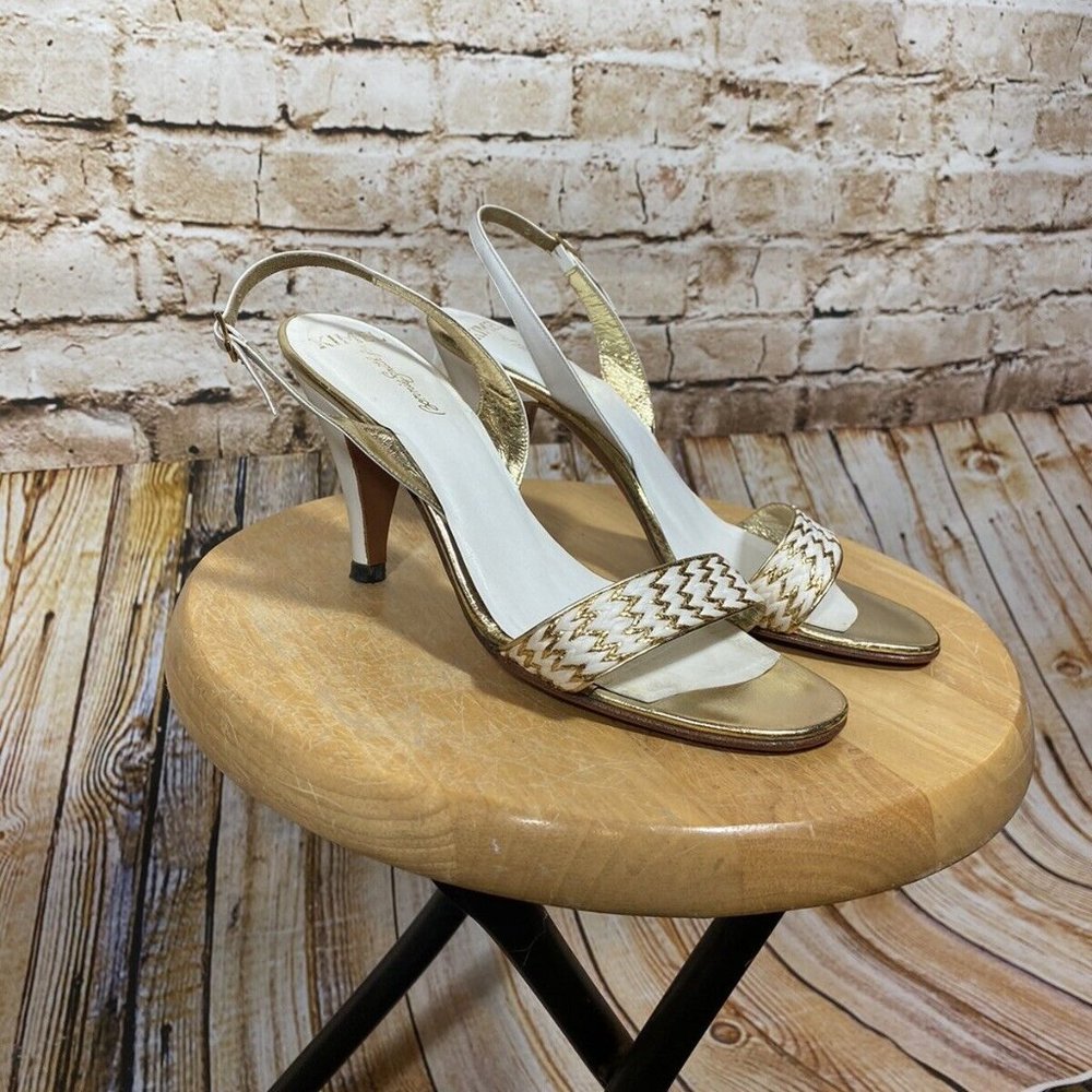 Vintage Bonnie Smith For Kimel 1970s White +Gold Sandal Heels -6.5 Narrow